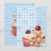 Cute Blue Gingham Teddy Bear & Ribbon  招待状 (正面/裏面)