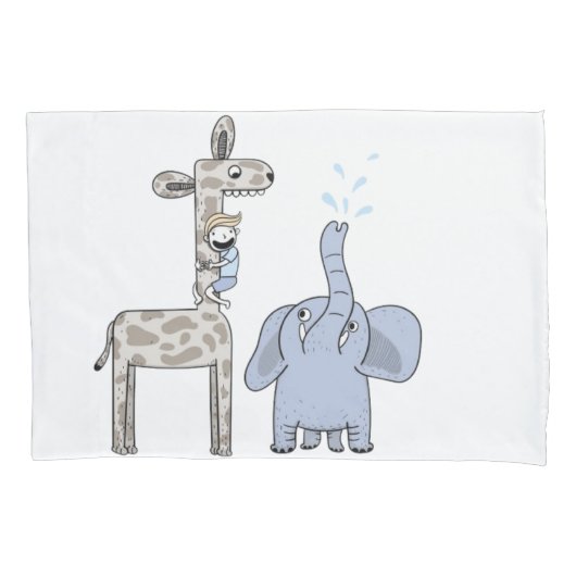 Cute Blue Giraffe and Elephant Pillowcase 枕カバー (正面)