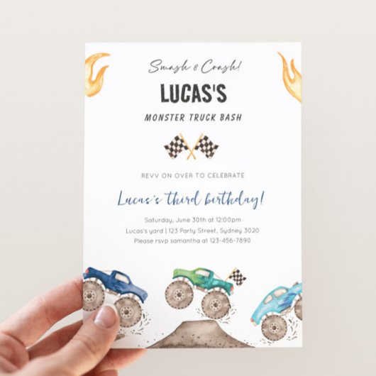 Cute Blue & Green Monster Trucks Birthday Party 招待状