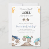 Cute Blue & Green Monster Trucks Birthday Party 招待状 (正面)