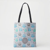 Cute Blue Grey Owl Pattern Monogram トートバッグ (正面)