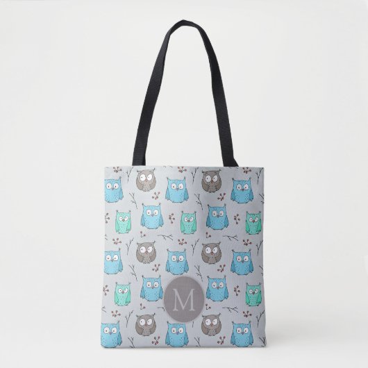Cute Blue Grey Owl Pattern Monogram トートバッグ (正面)