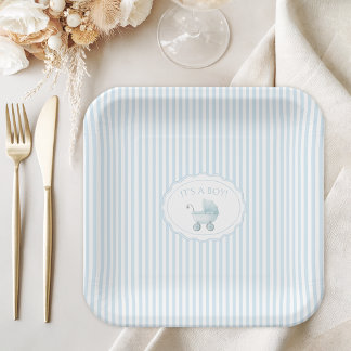 Cute Blue It's a Boy Stroller Baby Shower ペーパープレート