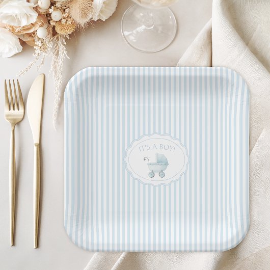 Cute Blue It's a Boy Stroller Baby Shower ペーパープレート