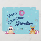 Cute Blue Merry Christmas Grandson Holiday シーズンカード (正面/裏面)