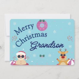 Cute Blue Merry Christmas Grandson Holiday シーズンカード