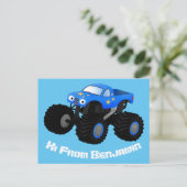 Cute blue monster truck cartoon illustration ポストカード (スタンド正面)