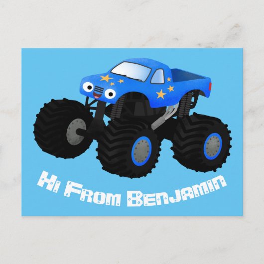 Cute blue monster truck cartoon illustration ポストカード (正面)