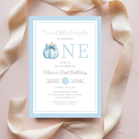 Cute Blue Our Little Pumpkin Boy 1st Birthday 招待状