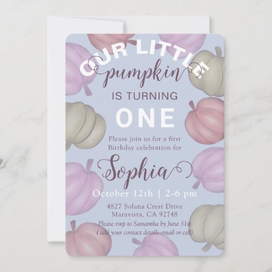Cute Blue Our Little Pumpkin Fall Birthday 招待状 (正面)