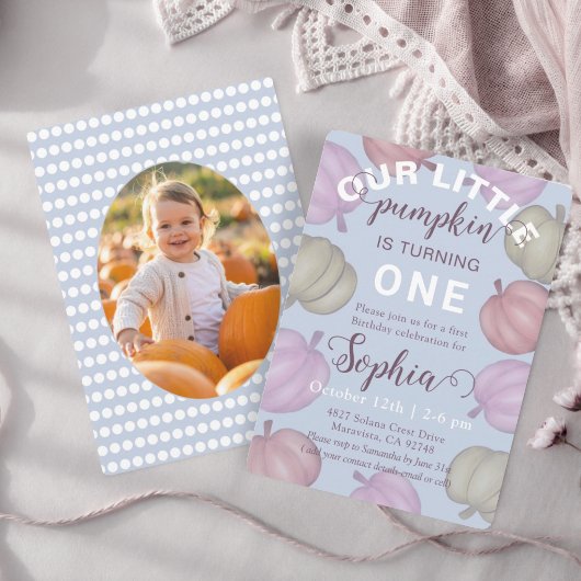 Cute Blue Our Little Pumpkin Fall Birthday 招待状