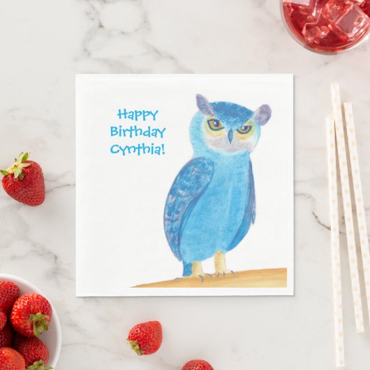 Cute Blue Owl, Personalized Birthday Napkins スタンダードランチョンナプキン (インサイチュ)