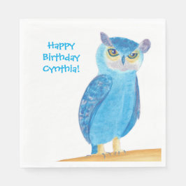 Cute Blue Owl, Personalized Birthday Napkins スタンダードランチョンナプキン