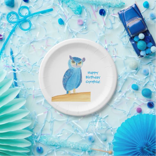 Cute Blue Owl Personalized Paper Plates, Birthday ペーパープレート (パーティー)