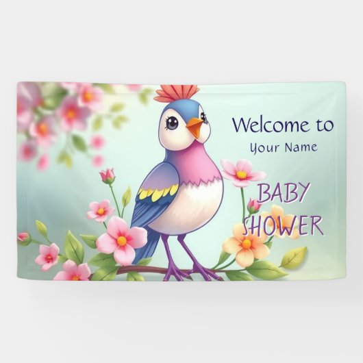 Cute Blue Pink Bird Floral Baby Shower Banner 横断幕 (横)