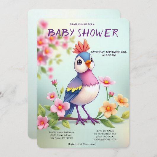 Cute Blue Pink Bird Floral Baby Shower Invitation 招待状 (正面/裏面)
