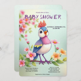 Cute Blue Pink Bird Floral Baby Shower Invitation 招待状