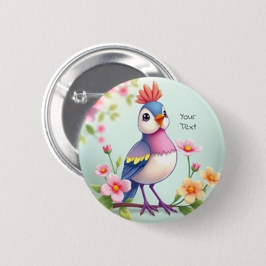 Cute Blue Pink Bird Floral Button 缶バッジ (正面&裏面)