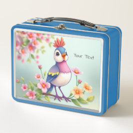 Cute Blue Pink Bird Floral Metal Lunch Box メタルランチボックス