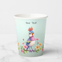 Cute Blue Pink Bird Floral Paper Cups