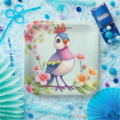 Cute Blue Pink Bird Floral Paper Plate ペーパープレート (パーティー)