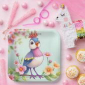 Cute Blue Pink Bird Floral Paper Plate ペーパープレート (パーティー)