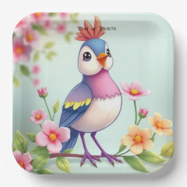 Cute Blue Pink Bird Floral Paper Plate ペーパープレート