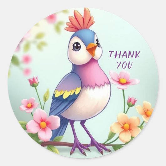 Cute Blue Pink Bird Floral Sticker ラウンドシール (正面)
