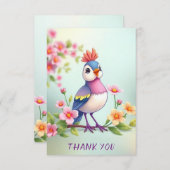 Cute Blue Pink Bird Floral Thank You Card サンキューカード (正面/裏面)
