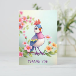 Cute Blue Pink Bird Floral Thank You Card サンキューカード