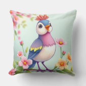 Cute Blue Pink Bird Floral Throw Pillow クッション (正面)