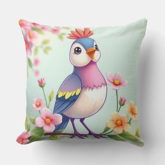 Cute Blue Pink Bird Floral Throw Pillow クッション (正面)