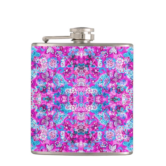 Cute blue pink flowers patterns フラスク (正面)