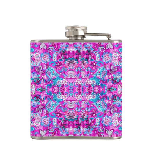 Cute blue pink flowers patterns フラスク (裏面)