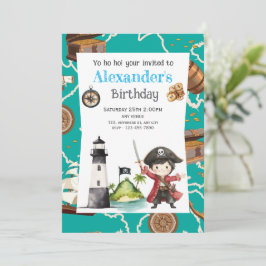 Cute Blue Pirate child's Birthday Invitation 招待状