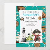 Cute Blue Pirate child's Birthday Invitation 招待状 (正面/裏面)