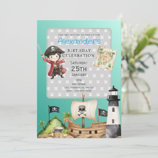 Cute Blue Pirate child's Birthday Invitation 招待状 (スタンド正面)