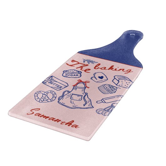 Cute blue red baking doodles custom glass カッティングボード (角)