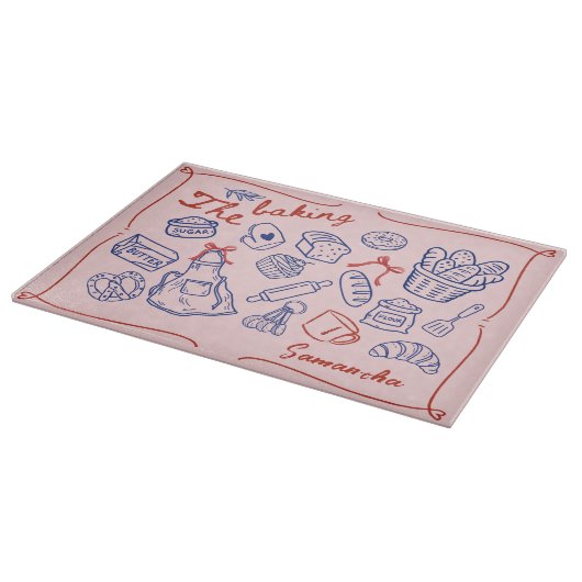 Cute blue red baking doodles personalized カッティングボード (角)