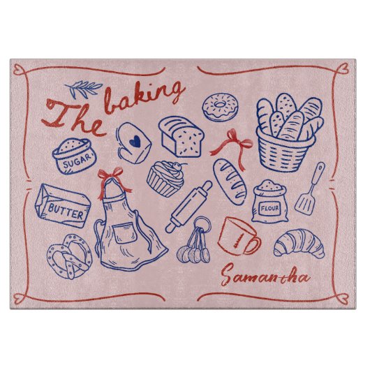 Cute blue red baking doodles personalized カッティングボード (正面)