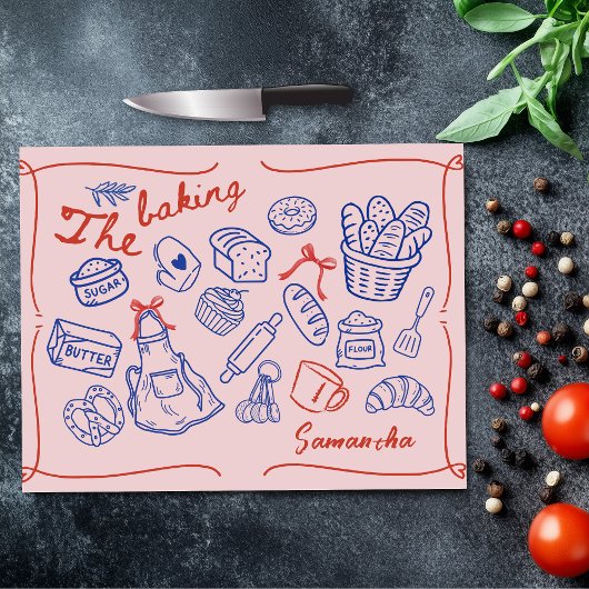 Cute blue red baking doodles personalized カッティングボード