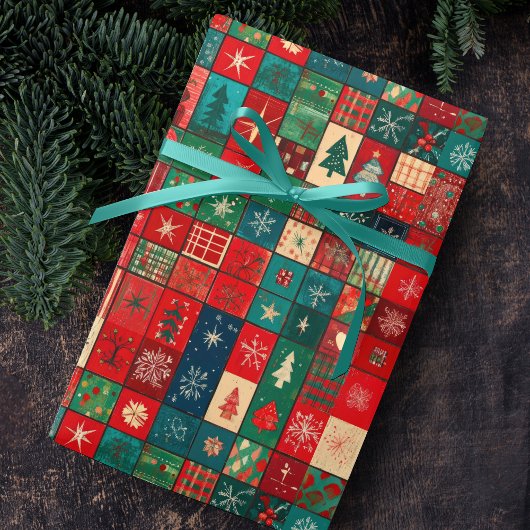 Cute blue red patchwork blocks ラッピングペーパー