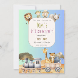 Cute Blue Safari 1st Birthday Invitation 招待状