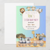 Cute Blue Safari 1st Birthday Invitation 招待状 (正面/裏面)