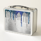 Cute Blue silver faux glitter Drips monogram メタルランチボックス (裏面)