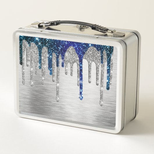 Cute Blue silver faux glitter Drips monogram メタルランチボックス (裏面)