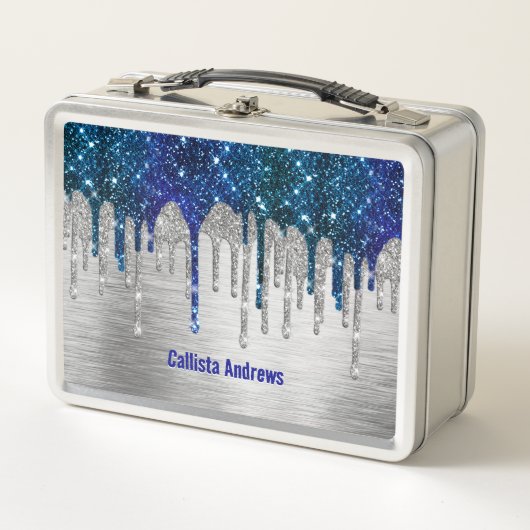 Cute Blue silver faux glitter Drips monogram メタルランチボックス (正面)