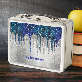 Cute Blue silver faux glitter Drips monogram メタルランチボックス