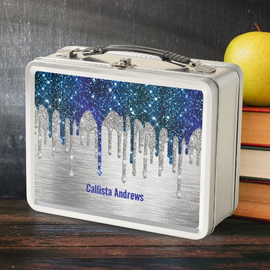 Cute Blue silver faux glitter Drips monogram メタルランチボックス