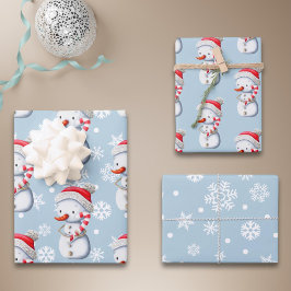Cute Blue Snowman Snowflakes Christmas ラッピングペーパーシート